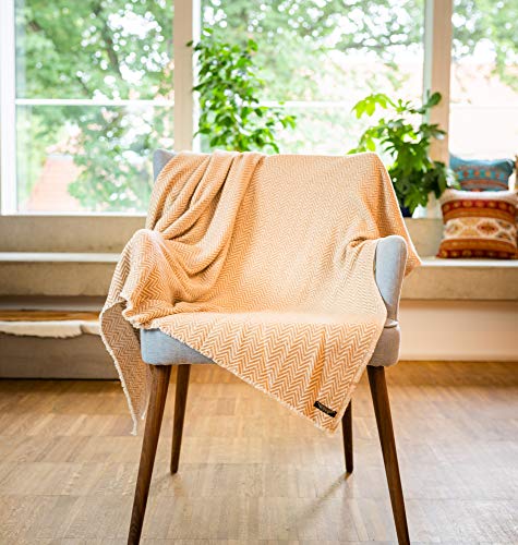 Cashmere Blanket – Hand Woven 100% Pure Wool Throw Blanket, 135 x 270 cm – Herringbone Pattern Cozy, and Soft Blanket for Bed, Sofa, or Couch - Made in Nepal - color: Brown