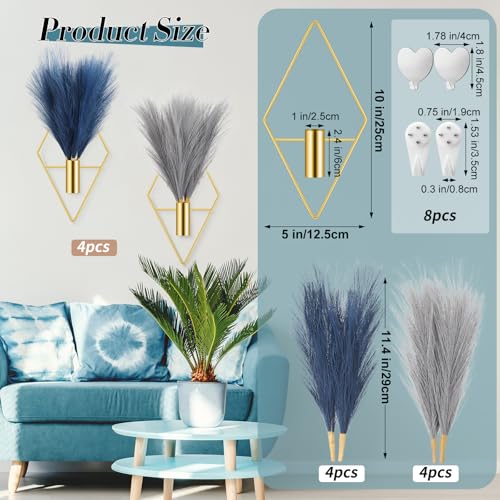 Hanaive 4 Sets Boho Gold Wall Decor Metal Wall Art Hanging Planters with Artificial Pampas Display Art Modern Home Metal Vase for Bedroom Living Room Home Office(Gold, Blue, Light Gray) - color: Blue,light Gray, style: Soft
