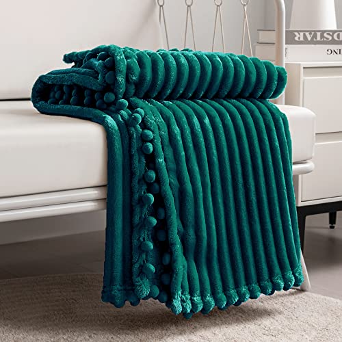 DISSA Fleece Blanket Throw Size – 51x63, Green – Soft, Plush, Fluffy, Fuzzy, Warm, Cozy – Perfect Throw for Couch, Bed, Sofa - with Pompom Fringe - Flannel Blanket Throw Blanket - color: Green, size: 51x63"