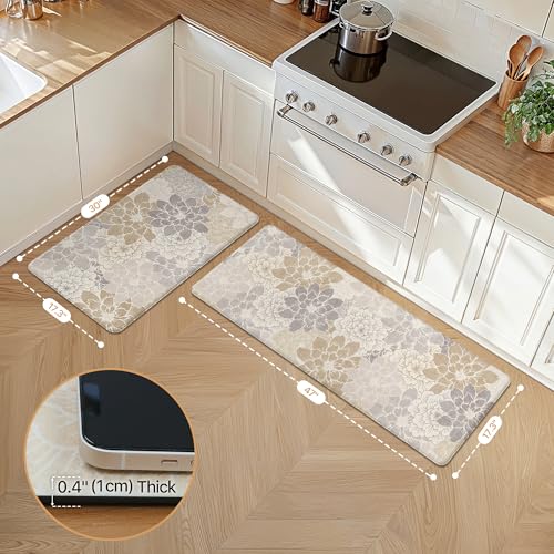 GENIMO Kitchen Mats for Floor, Kitchen Rugs Non Slip Washable Sets of 2, Waterproof Cushioned Anti Fatigue Mat, Floral Runner Rug for Laundry, Sink, Office, Home, 17.3"x47"+17.3"x30", MilkyWhite - color: Milky White, size: 17.3"x47"+17.3"x30"