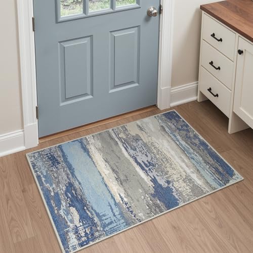 GENIMO 2X3 Washable Modern Doormat, Non-Slip Low Pile Chenille Area Rug, Small Entry Mat for Entrance Hallway Kitchen Bathroom, Indigo Drift - color: Indigo Drift, size: 2' x 3' (Rectangular)