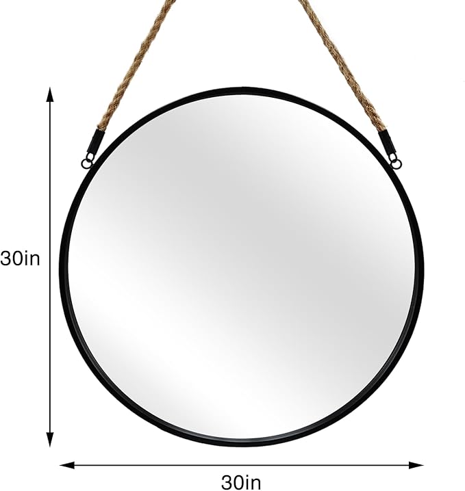 POZINO Large Round Hanging Mirror, Circle Wall Mirror with Rope, 30 Inch Black Frame Farmhouse Mirror for Bathroom Bedroom Living Room Entryway Home Decor