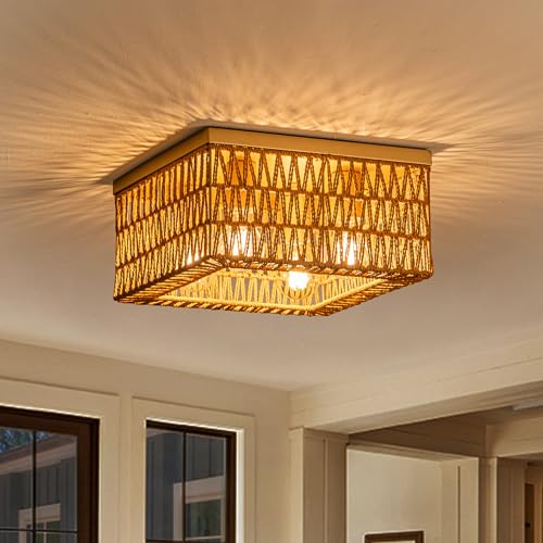 Rpzloila Rattan Ceiling Light, 4-Light Boho Light Fixture, Square Flush Mount Ceiling Light for Bedroom, Hallway, Entryway, Kitchen, Living Room - color: Gold, size: 4-Light-Square