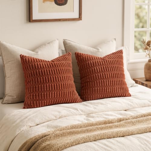 MIULEE Pack of 2 Rust Corduroy Decorative Pillow Covers 12x12 Inch Soft Boho Striped Throw Pillow Covers Modern Farmhouse Home Decor for Summer Sofa Living Room Couch Bed - color: Rust, size: 12" x 12" (Pack of 2)