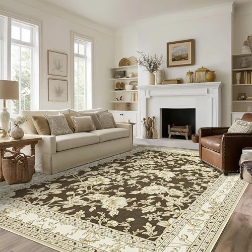 Brown Floral Rug 5x7 Machine Washable Area Rug for Living Room Vintage Boho Farmhouse Low Pile Distressed Carpet for Dining Room, Bedroom Indoor Non-Slip Brown Beige Taupe Flower Design Home Decor - color: Sketch Floral Brown, size: 5' x 7' (Rectangular)