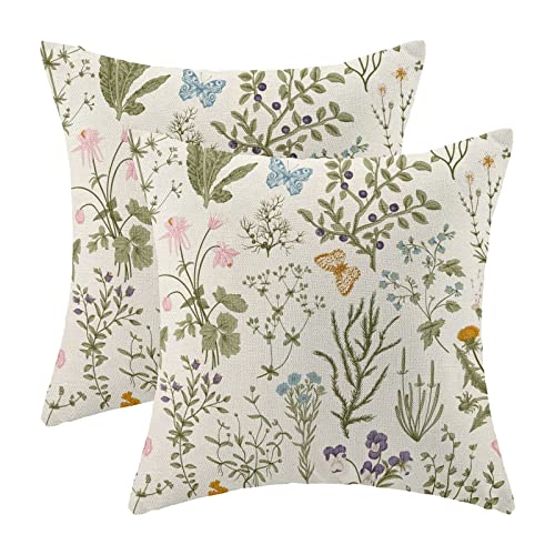 AEIOAE Spring Pillow Covers 16x16 Inch Set of 2,Sage Green Wild Flower Plant Throw Pillows Case,Seasonal Floral Outdoor Decorative Square Linen Farmhouse Decor Cushion Covers for Home Sofa Bed Couch - color: Wild Floral 01, size: 16" x 16" (Pack of 2)