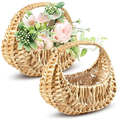 Flower Girl Basket Set of 2 - Charming Rattan with Waterproof Lining, 6.3 x 5.12 x 3.75 Inch - Small Wicker Basket with Handle for Wedding Flower Petals, Confetti, Candy, Gift, Storage & Home Decor - color: Brown