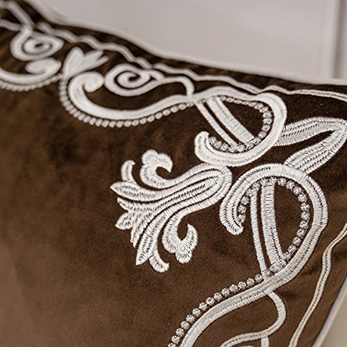 Aeckself European Floral Pillow Cover 18x18 Inch, Luxury Velvet Embroidered Decorative Throw Pillow Cover for Couch Bedroom Living Room, Brown and White - color: Brown, size: 18" x 18" (Pack of 1)