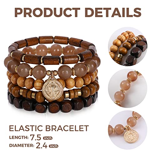 Bohemian Natural Stone Beaded Bracelets for Women Men Stackable Stretch Beads Bracelet Set with Charm and Tassel Multilayered Elastic Gemstone Bracelets Summer Beach Boho Jewelry Gift for Women - color: Brown Wooden Beads