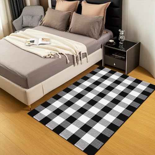 Buffalo Plaid Rug 3'x5' Black and White Checkered Rug Front Door Mat Outdoor Cotton Washable Front Porch Rug Layered Doormats for Front Porch/Farmhouse/Entryway - size: 3'x 5'