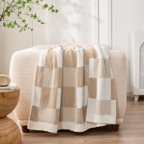 Snuggle Sac Checkered Blanket, Beige Throw Blanket for Couch Plaid Microfiber Fluffy Warm Cozy Soft Oversized Throw XL Reversible Checkered Blankets for Sofa, Chair, Bed, 50x70 inches - color: Checker Beige, size: Throw-XL(50"x70")