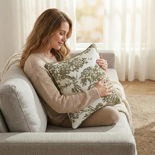 Floral 18x18 Throw Pillow Covers Set of 2, French Vintage Woven Jacquard Decorative Accent Pillow Cases for Couch, 430GSM Thick Chenille & Luxury Velvet, Olive Green - color: Tree Pattern Olive Green, size: 18" x 18" (Pack of 2)