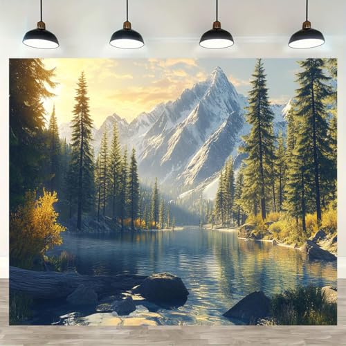 FENDROM Tranquility Lake Snow Mountain Scenery Tapestry Wall Hanging, Nature Forest Plant Trees Pictures Art Wall Tapestries Blanket for Bedroom Living Room Dorm Decor - color: Yellow, size: 59"L x 39"W