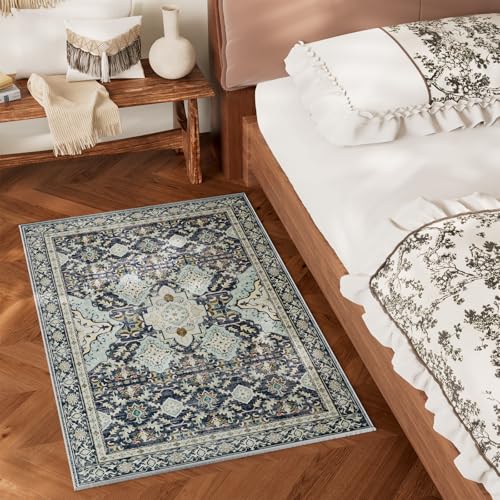 AMTOVO 2x3 Washable Entryway Area Rug Door Mat, Vintage Boho Distressed Print Pattern Non-Slip Carpet, Small Throw Rug for Indoor Entrance Kitchen Bedroom Bathroom Laundry Floor, Grayish Blue - color: Grayish Blue, size: 2' x 3' (Rectangular)