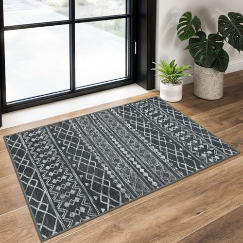 KUTA Washable Non-Slip Rugs for Entryway 2x3, Dark Grey Beige Moroccan Boho Small Area Rug,Soft Vintage Geometric Low-Pile Indoor Door Mat Floor Carpet for Indoor, Entrance, Kitchen, Bathroom - color: Dark Grey Beige, size: 2' x 3' (Rectangular)