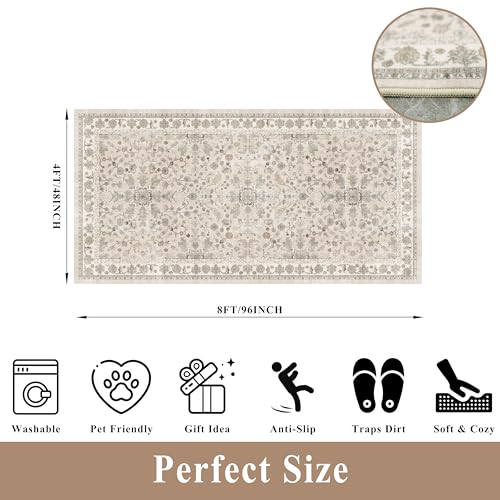 4x8 Rug Washable for Entryway Kitchen – Non-Slip Rubber Backed Area Rug for Hallway Bedroom Living Room Office,Boho Floral Low Pile Thin Floor Indoor Mat (Beige,4x8) - color: Beige, size: 4' x 8' (Rectangular)