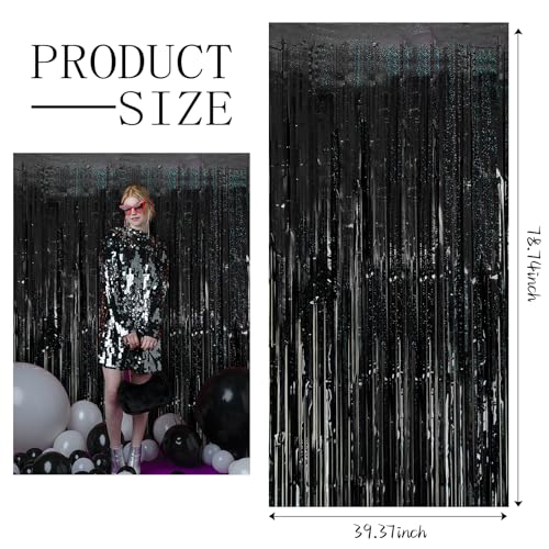3 Pack Black Party Streamers Backdrop Tinsel Foil Fringe Curtains Halloween Party Decorations Birthday Wednesday Party Decorations Graduation Halloween Decor Party Supplies - color: Black