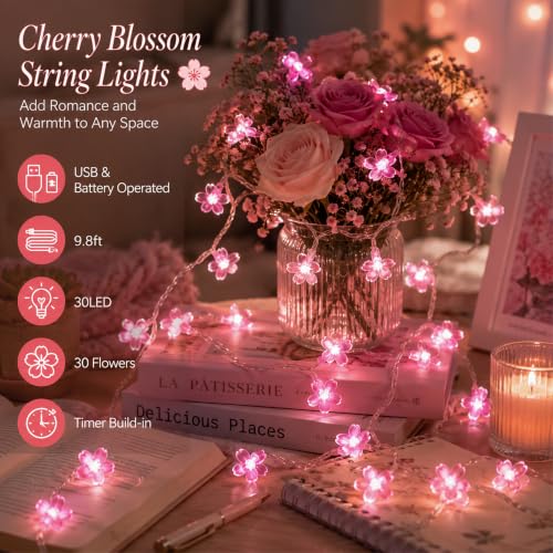 Pink Cherry Blossom Fairy Flower Lights, USB/Battery Operated Floral Lamp | Decorative Flower String Lights For Bedroom,Christmas, Easter, Wedding, Party, Birthday, Valentine'S Day Indoor Outdoor Decor - color: 10ft Pink Flower Lights
