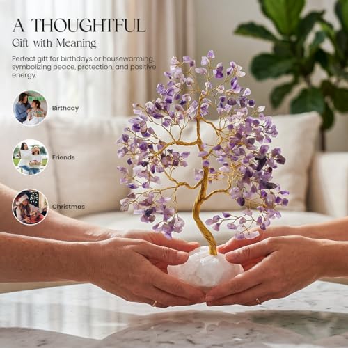 Crocon® Amethyst Crystals Tree of Life Rough Base, Birthday Gifts for Women, Home & Office Decor Money Tree Healing Crystals Womens Gifts Ideas House Warming Gift Sister Unique Purple Decoration - color: Amethyst Quartz Base (Golden Wire)
