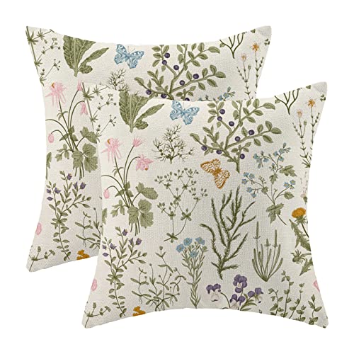 AEIOAE Spring Pillow Covers 18x18 Inch Set of 2,Sage Green Wild Flower Plant Throw Pillows Case,Seasonal Floral Outdoor Decorative Square Linen Farmhouse Decor Cushion Covers for Home Sofa Bed Couch - color: Wild Floral 01, size: 18" x 18" (Pack of 2)