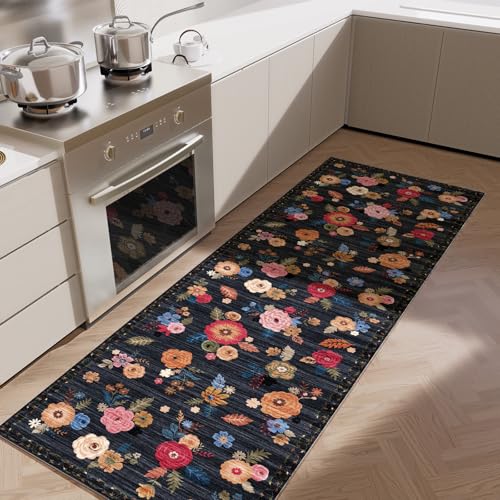 Machine Washable Runner Rug for Kitchen: 2'x6' Hallway Runner Rug Non Slip Low Pile Soft Faux Wool Carpet Runners Floral Floor Rug for Bedroom Entryway Bedroom Bathroom Laundry Room Home Office Indoor - color: Black Floral, size: 2' x 6' (Rectangular)