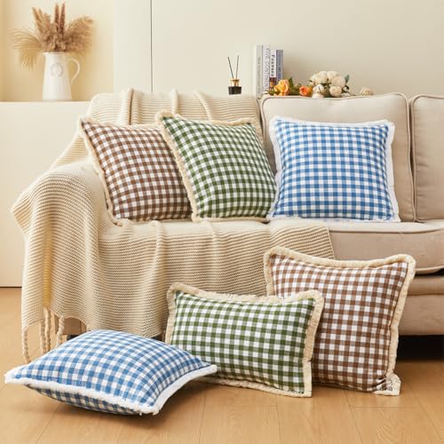 CARRIE HOME Modern Farmhouse Light Blue Gingham Lumbar Pillow Covers 12x20 Set of 2, 12 x 20 Blue Buffalo Plaid Throw Pillows with Ruffle Fringe, Summer Outdoor Checkered Plaid Lumbar Pillows - color: Lumbar Blue & White (With Tassels), size: 20" x 12" (P