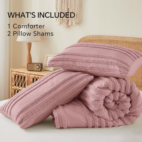 BEDELITE Boho King Size Comforter Set - Dusty Pink Tufted Striped Bed Set 3 Pieces, Soft Vintage Farmhouse Comforter for All Seasons, Boho Home Decor,Fluffy Jacquard Bedding with Pillow Sham - color: Dusty Pink, size: King