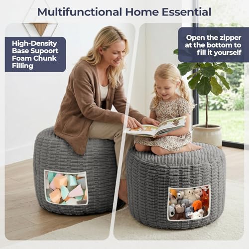 Round Pouf Ottoman Stuffed Corduroy Poufs Foot Rest with Foam Filling Fluffy Pouf Storage Foot Stools Ottoman Rest for Living Room Couch 20 X 15 Inches, Grey - color: Grey, size: 20"D x 20"W x 15"H