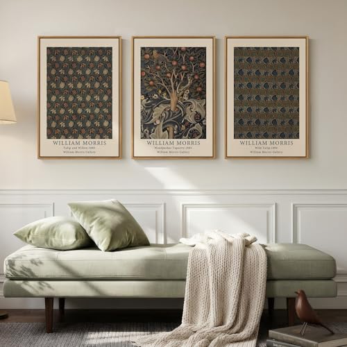 Framed Vintage William Morris Canvas Wall Art Set of 3, Nature Rustic Botanical Artwork for Walls, Retro Classic Floral Illustrations Paintings Pictures for Living Room, Bedroom, Dining Room, Hallway, Office Wall Decor, Total Size 30x60 in - color: Green-