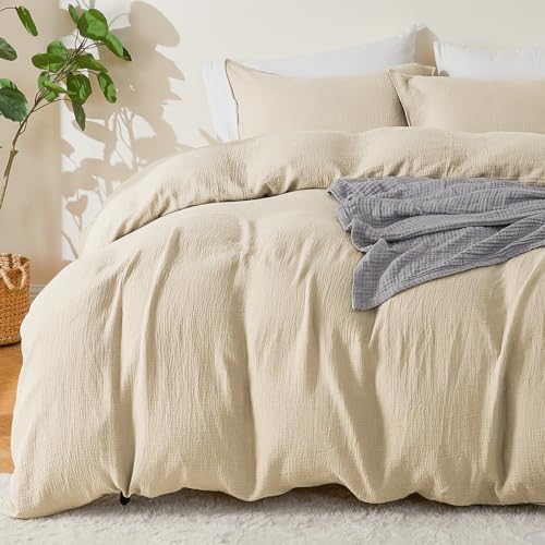EMME Muslin Cotton Duvet Cover Set Twin Size Linen Like Soft Breathable Lightweight Summer Comforter Cover Set with Zipper Closure (Twin, 68"x90") - color: 02 - Beige, size: Twin(68"×90")