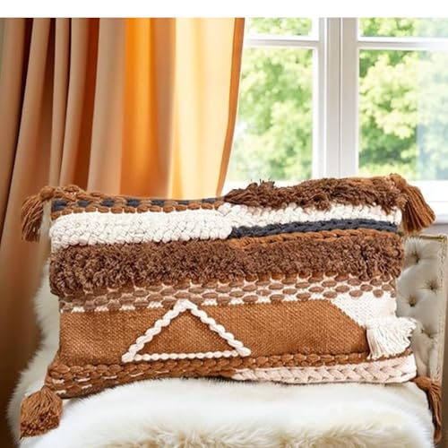 Decorative Throw Pillow Cover 12x20 Knitted Lumbar Pillow Tufted Accent with Tassels for Couch Bed Sofa Cotton Wool Woven Boho Handwoven Pillow (Neutral/Earth Tone) - color: Camel