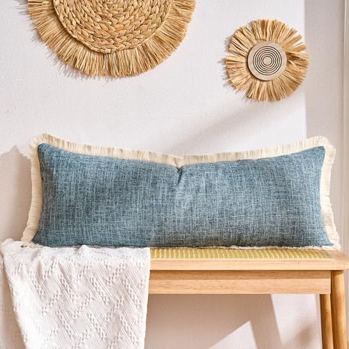14x36 Pillow Covers Farmhouse Long Blue Boho Faux Linen Decorative Fringed Rustic Woven Textured Burlap Lumbar Pillow Covers for Bed Sofa Bedroom Living Room Home Decor Cushion Cover Pack of 1 - color: Blue, size: 36" x 14" (Pack of 1)