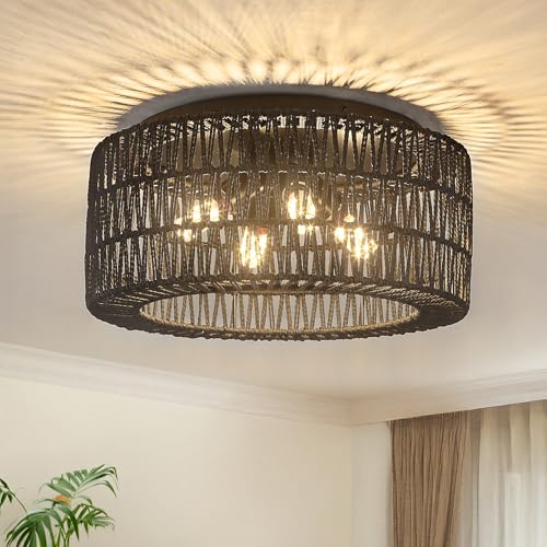 Rattan Light Fixtures Ceiling Mount,4-Lights Boho Flush Mount Ceiling Light with Hand-Woven Shade, 18''Rattan Farmhouse Chandelier for Hallway Bedroom Kitchen Farmhouse Foyer Entryway (Black) - color: Black, size: Large