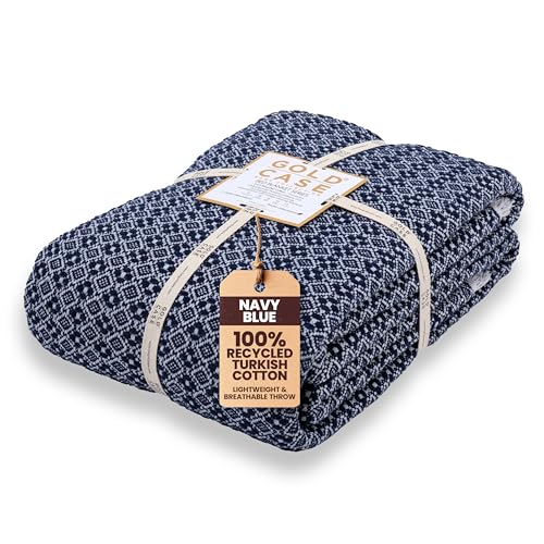 Gold Case Throw Blanket for Bed - 100% Recycled Turkish Cotton Blanket - Retro Lightweight Soft Throw Blankets for Bed & Living Room - Queen Size Cozy Blankets - 90x90 - Navy Blue - color: Retro Navy Blue, size: 90x90"