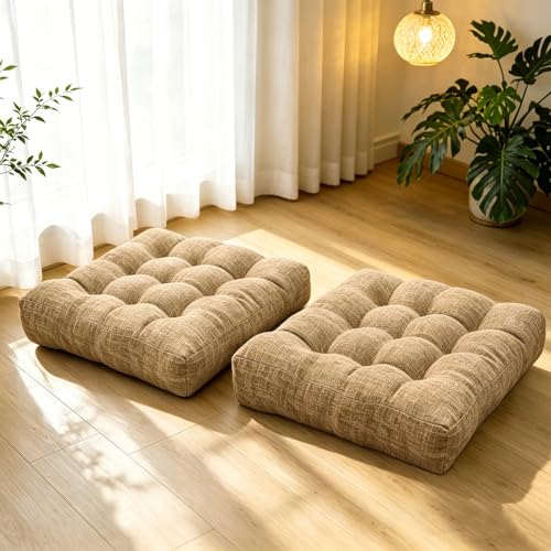 Set of 2 Floor Cushion for Adult Tufted Square Seat Cushions for Tatami Living Room Dorm 18.8 x 18.8 Inch Light Brown Meditation Floor Pillows - color: Light Brown