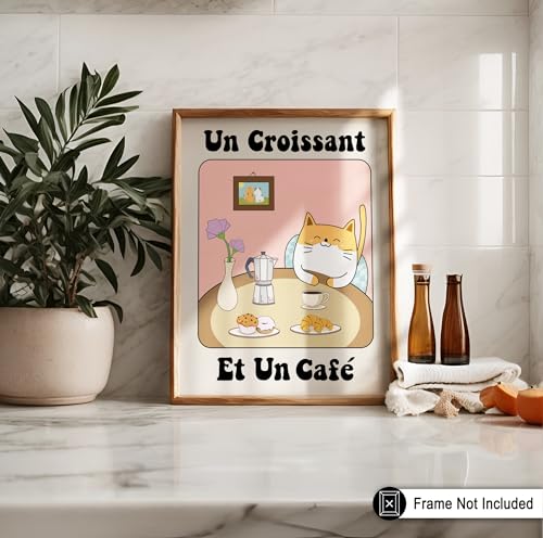 Poster Master Coffee and Croissant Poster - Retro Cat Print - French Cafe Art - Preppy & Trendy Design - Pastry Design - Coffee Artwork - Aesthetic Kitchen or Restaurant Decor - 8x10 UNFRAMED - color: Style-12, size: 8"L x 10"W