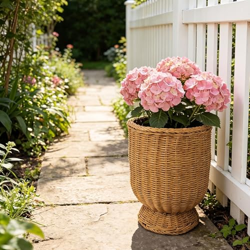 12 Inch Handwoven Boho Wicker Basket, Woven Decorative Storage Basket & Planter for Porch Patio Backyard – Urn Goblet Woven Planter, Wicker Flower Pot, Indoor Outdoor Flower Vase for Home Garden Decor