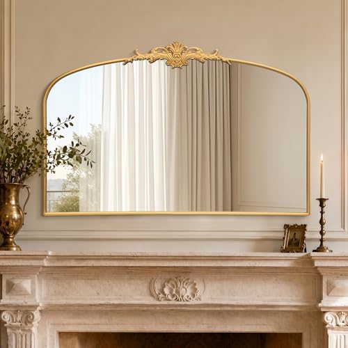 Besdomus Ornate Arched Large Mirror: 55"x36" French Gold Vintage Vanity Mirror - Overmax Baroque Decorative Traditional for Bathroom Remodel - Great for Fireplace/Entryway/Living Room/Bathroom - color: Gleaming Gold, size: 36"L x 55"W