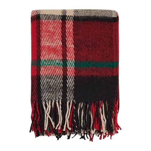 New Zealand Virgin Wool Throw Blanket, Indoor and Outdoor Blankets and Throws, Comfortable Soft Blanket with Fringes and Tartan Pattern, 67 x 79 in, Queen Size, Red and Black - color: Red-and-black