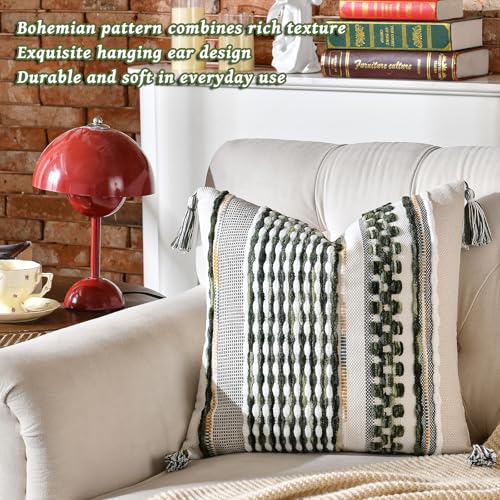 AmHoo Set of 2 Chenille Striped Textured Boho Throw Pillow Covers Aesthetic with Tassels Woven Decorative Pillow Case for Couch Bed Sofa Bedroom Modern Funky 18 x 18-Inch Sage Green - color: Sage Green, size: 18" x 18" (Pack of 2)