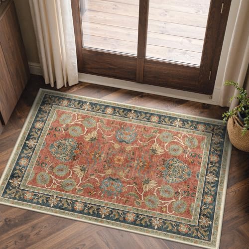 Bavni 2x4 Washable Entryway Rug, Vintage Distressed Accent Door Mat Non Slip, Low Pile Soft Coral Red Blue Carpet Stain Resistant, Small Thin Floral Area Rugs for Bathroom, Laundry, Kitchen, Nursery - color: Coral Blue, size: 2' x 4' (Rectangular)