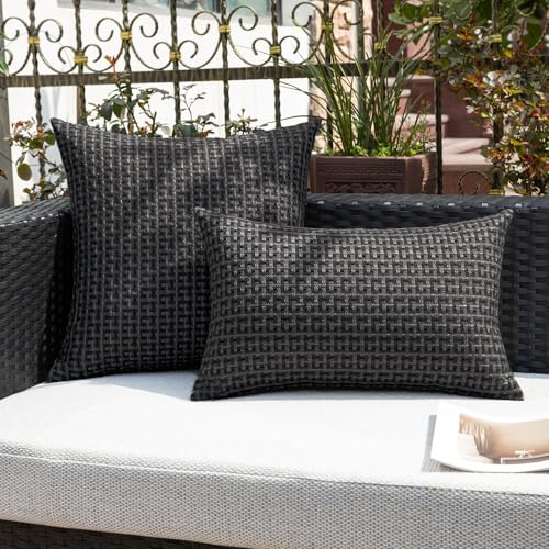Kevin Textile Outdoor Waterproof Throw Pillow Covers Pack of 2 Farmhouse Decorative Cushion Covers for Garden Patio Tent Balcony Bench Couch Sofa 16x16 Inch, Black - color: Black, size: 16" x 16" (Pack of 2)