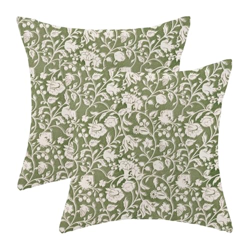 Sage Green Floral Throw Pillow Covers 18x18 Set of 2, Flower Print Linen Decorative Pillow Cover Neutral Vintage Decoration Outdoor Cushion Cover Floral Pillowcase for Sofa Couch Farmhouse Room - color: Print Green, size: 18" x 18" (Pack of 2)