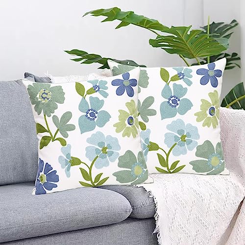 Pack of 2 Embroidered Decorative Throw Pillow Cover 18x18 Inch Farmhouse Floral Pillowcase for Living Room Sofa Bed (Grass Flower) - color: Grass Flower
