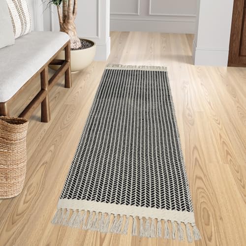 Lahome Belle Boho Hallway Runner Rug, 2x6 Laundry Room Lightweight Entry Woven Cotton Throw Mat with Tassels, Farmhouse Non Shedding Washable Black Low Pile Runner for Kitchen Bathroom - color: Black, size: 2' x 6' (Runner)