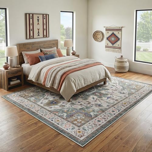 HOOBRO Washable Rug 8 x 10 Area Rugs for Living Room, Non-Slip Stain Resistant Rug, Low Pile Soft Rug Indoor Large Carpets Pet Friendly Mat, for Bedroom Kitchen Dining Room, Vintage Green GN05AR01 - color: Vintage Green, size: 8' x 10' (Rectangular)