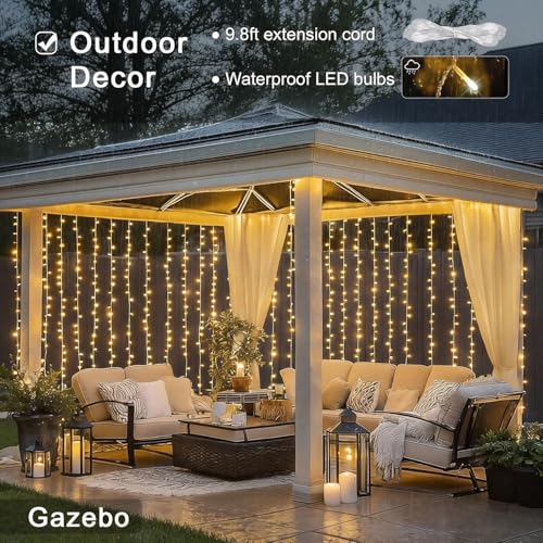 JMEXSUSS 900 LED Outdoor Curtain Lights, 9.5x29.5ft Christmas Lights Plug in with Remote, Twinkle Hanging String Light for Bedroom Wall Wedding Backdrop Window Gazebo Decor, Warm White - color: *Warm White, size: 900 LED