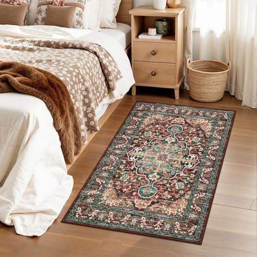 U'Artlines 2x3 Washable Boho Area Rug, Small Non Slip Vintage Doormat for Indoor Front Door Ultra Thin Mat Carpet for Entryway Kitchen Bathroom Bedroom Rust＆Teal - color: Rust＆teal, size: 2' x 3' (Runner)