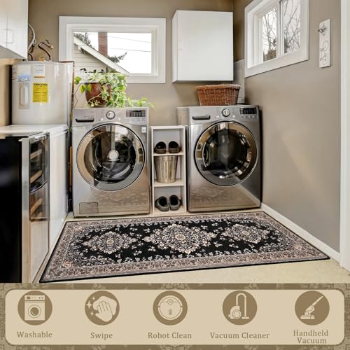 HOMORE Vintage Runner Rug-2x6 Hallway Runner Rug for Entryway Non Slip Washable Bedroom Rug Faux Wool Low Pile Floor Carpet Runner for Kitchen Indoor Front Entrance Laundry Living Room Dorm, Black - color: Black, size: 2' x 6' (Rectangular)
