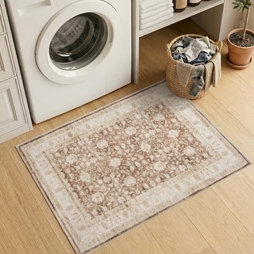 jinchan 2x3 Washable Vintage Floral Rug, Distressed Traditional Entryway Rug, Soft Low-Pile Non-Slip Accent Mat for Indoor Foyer, High-Traffic Kitchen Sink Laundry Room, Taupe - color: Oriental Taupe, size: 2' x 3' (Rectangular)